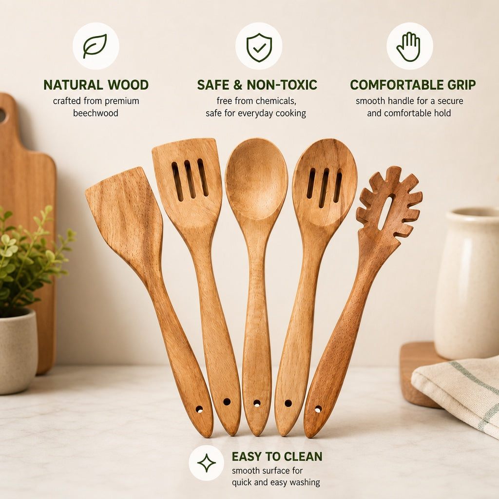 Shalinindia Wooden Cooking Utensil Set with Spoons, Acacia, Brown, 5 Piece