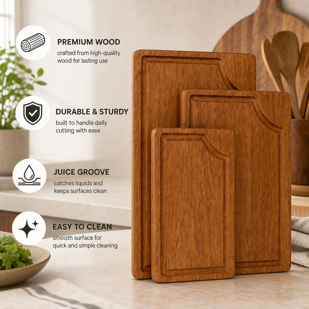 Shalinindia Mango Wood Cutting Board for Kitchen, Dark Brown, Set of 3