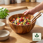 Shalin India Large Acacia Wood Salad Bowl Set with Utensils, 12.5 In