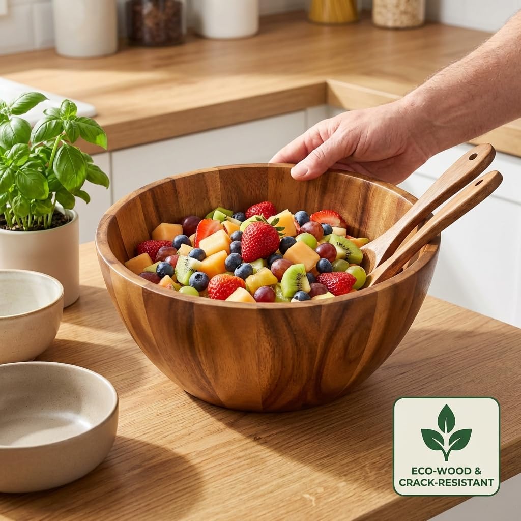 Shalin India Large Acacia Wood Salad Bowl Set with Utensils, 12.5 In
