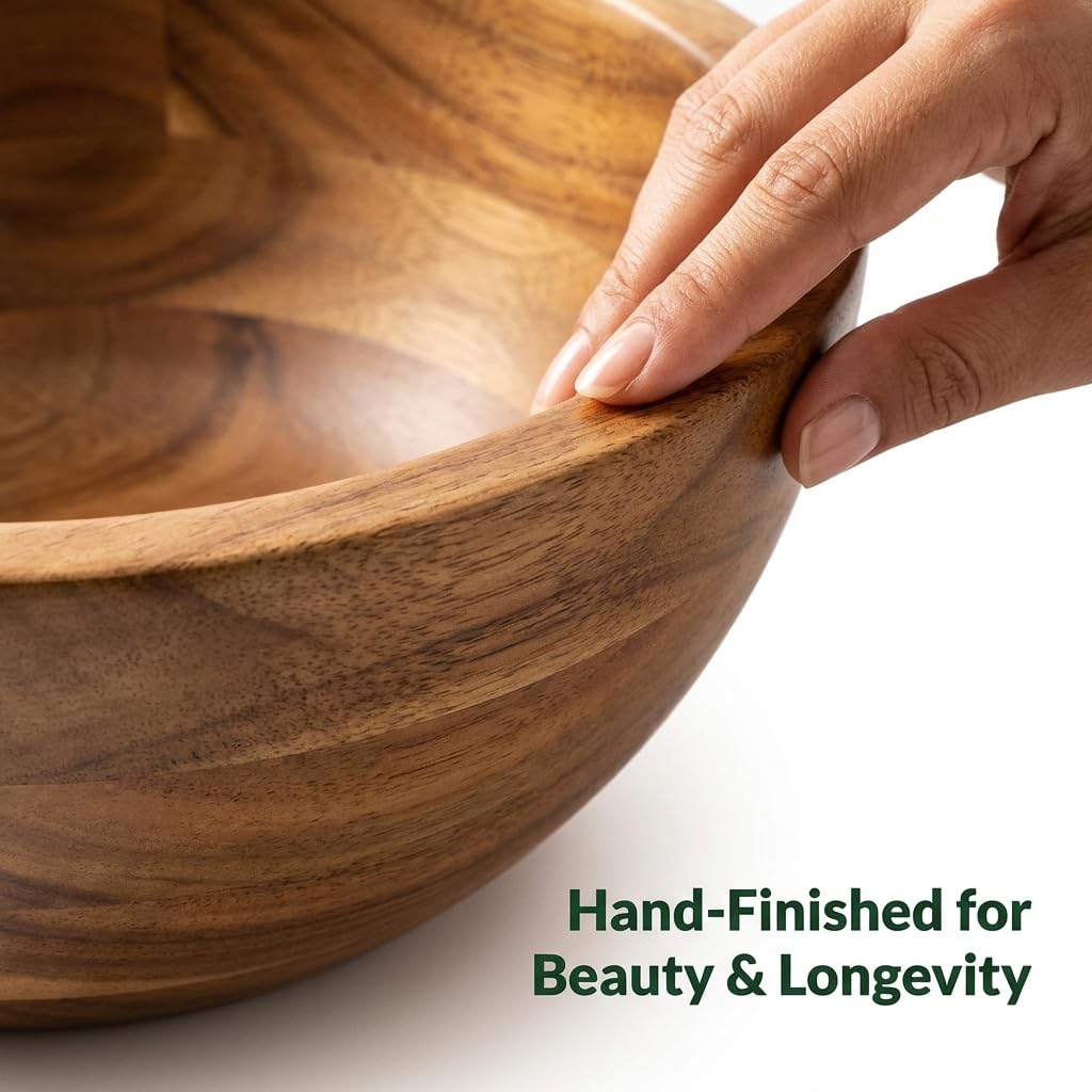 Shalin India Large Acacia Wood Salad Bowl Set with Utensils, 12.5 In