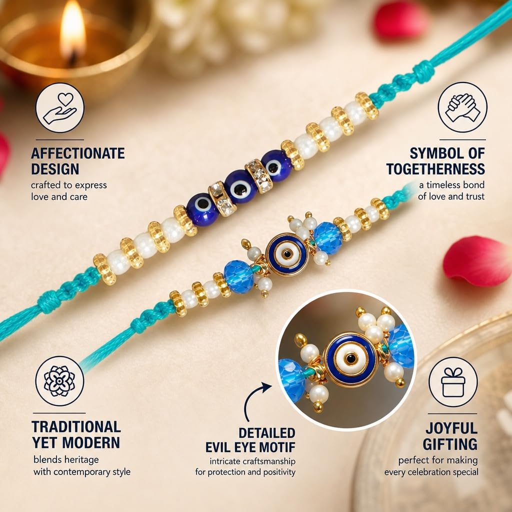 Blue Evil Eye Bracelet Set of 2 Rakhi for Brother - Protection Kabbalah
