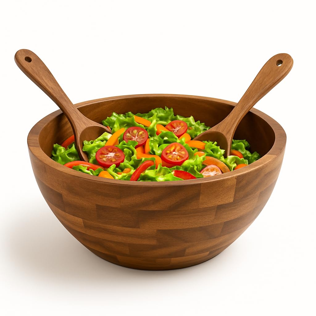 Shalin India Large Acacia Wood Salad Bowl Set with Utensils, 12.5 In