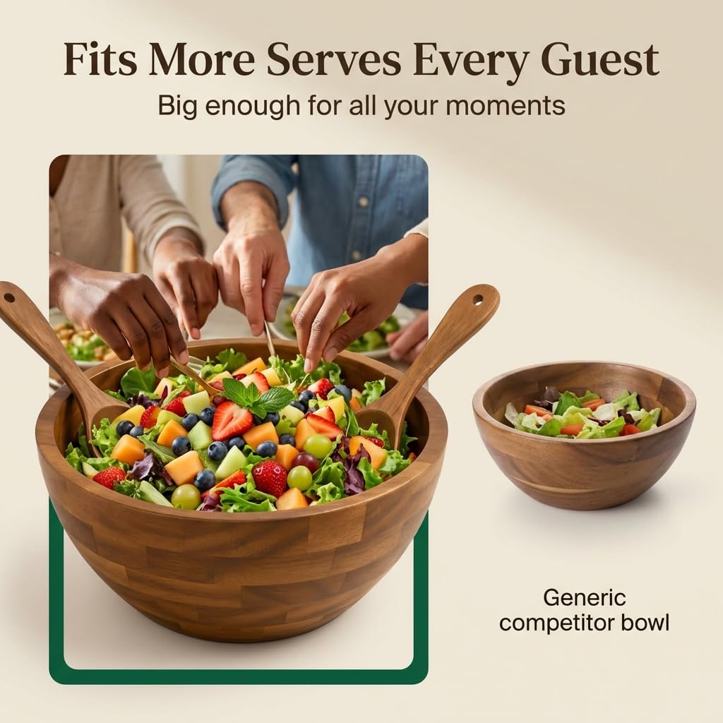 Shalin India Large Acacia Wood Salad Bowl Set with Utensils, 12.5 In