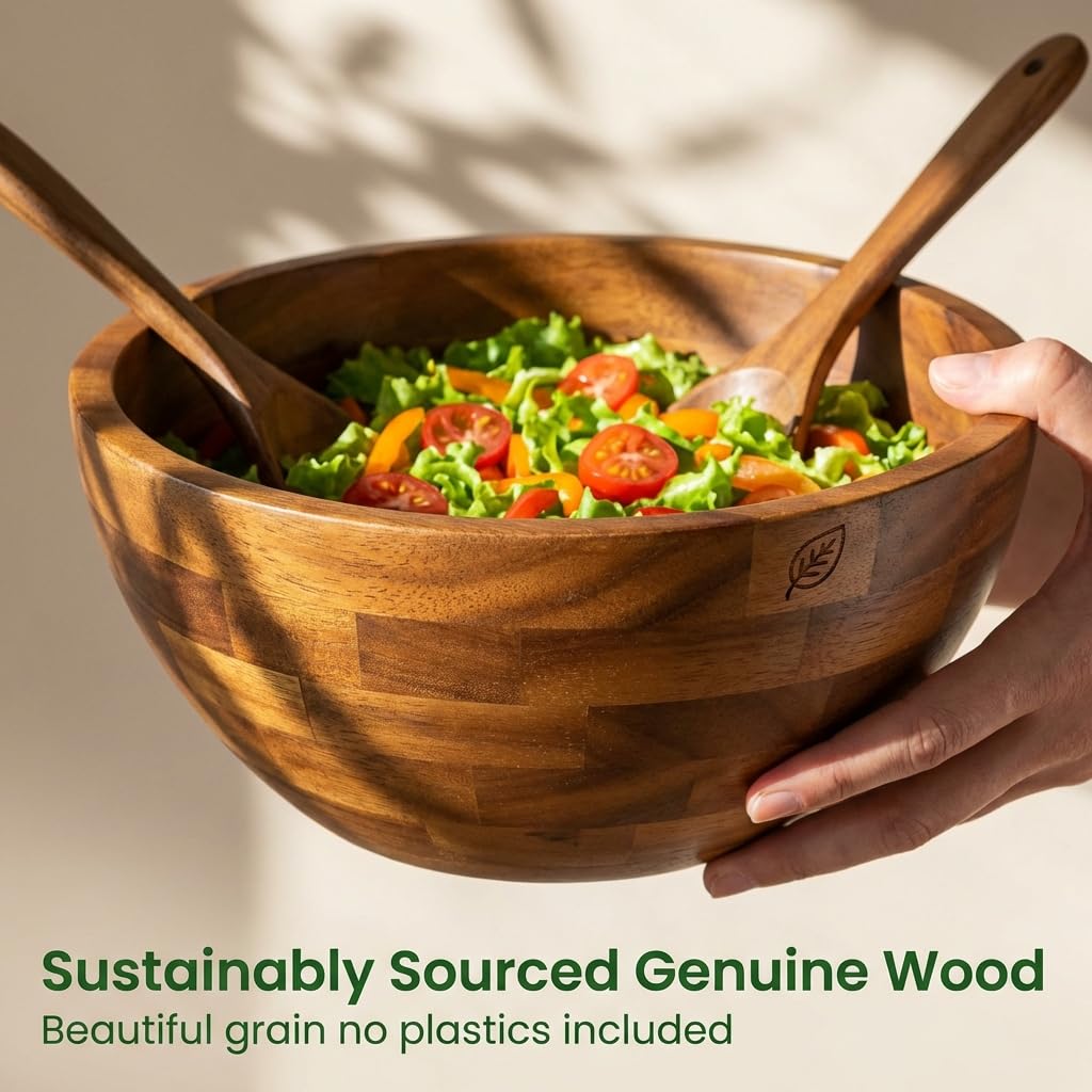 Shalin India Large Acacia Wood Salad Bowl Set with Utensils, 12.5 In