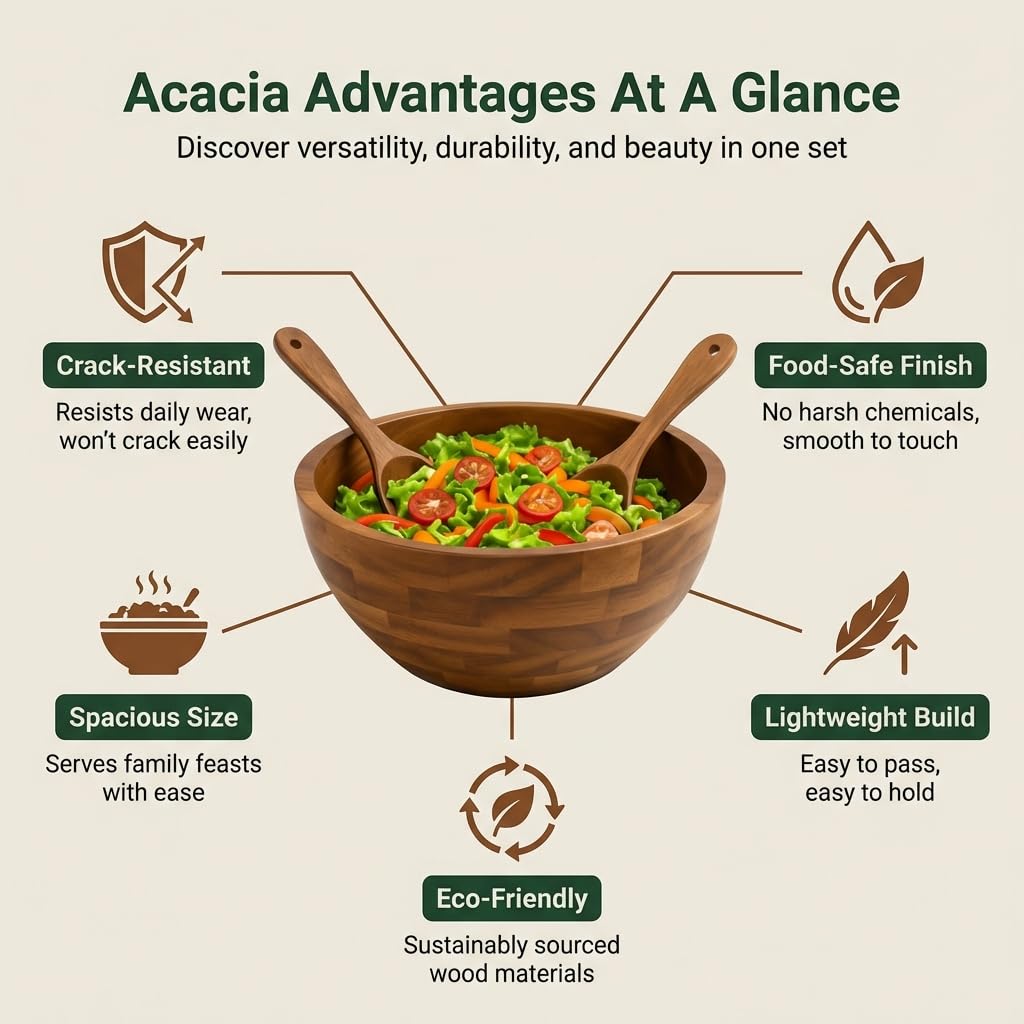 Shalin India Large Acacia Wood Salad Bowl Set with Utensils, 12.5 In