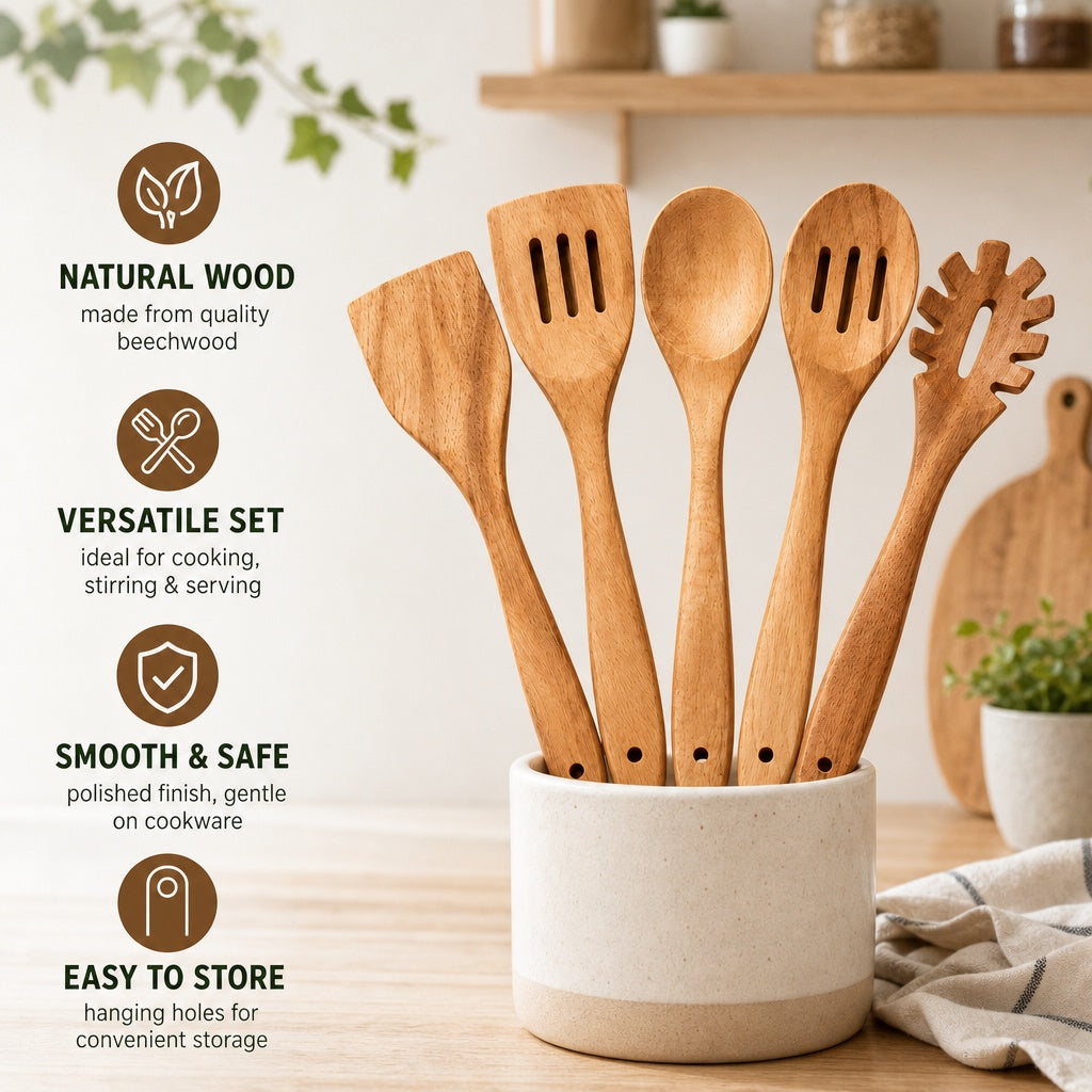 Shalinindia Wooden Cooking Utensil Set with Spoons, Acacia, Brown, 5 Piece