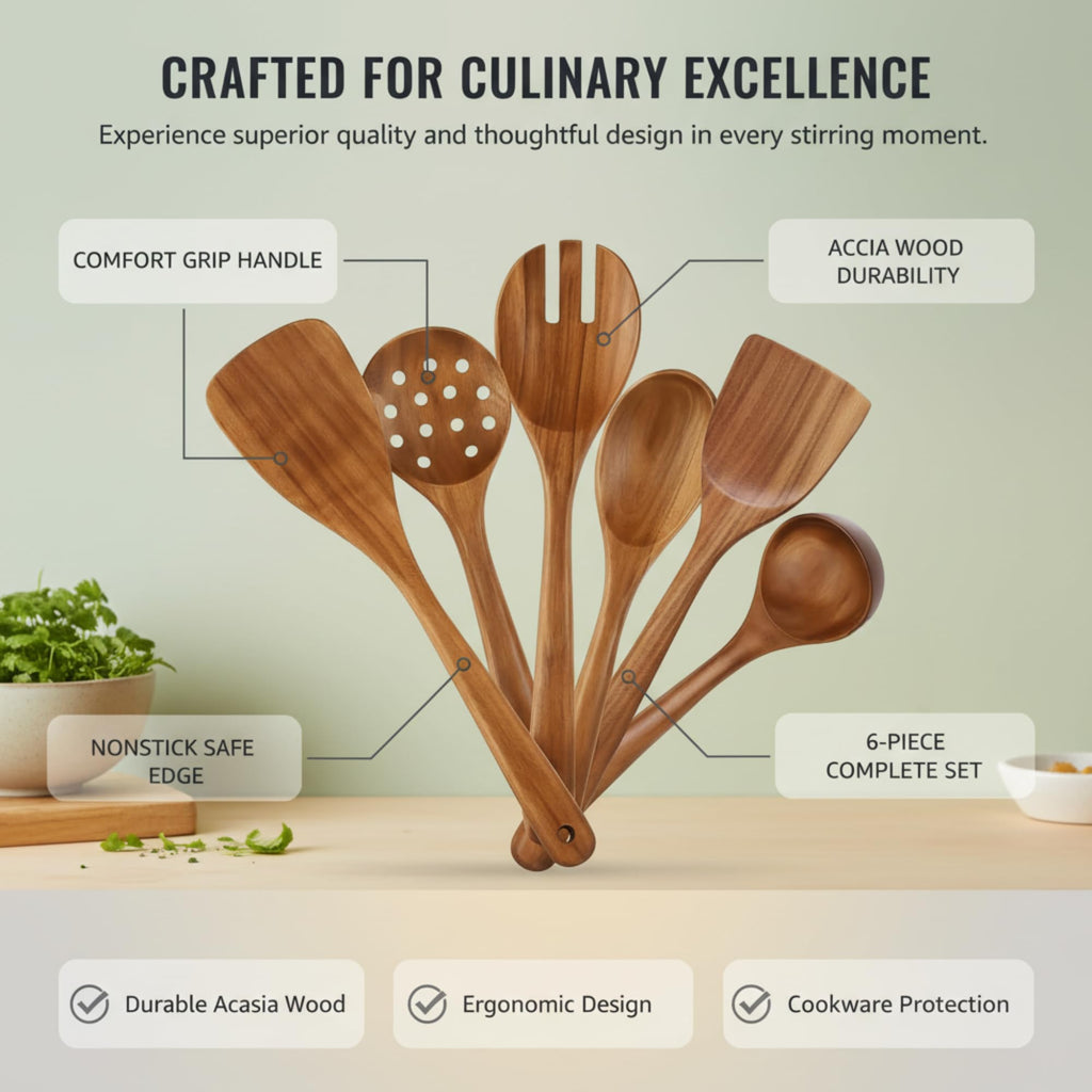 ShalinIndia 6-Piece Acacia Wood Cooking Utensils Set - Nonstick Pan Spoons