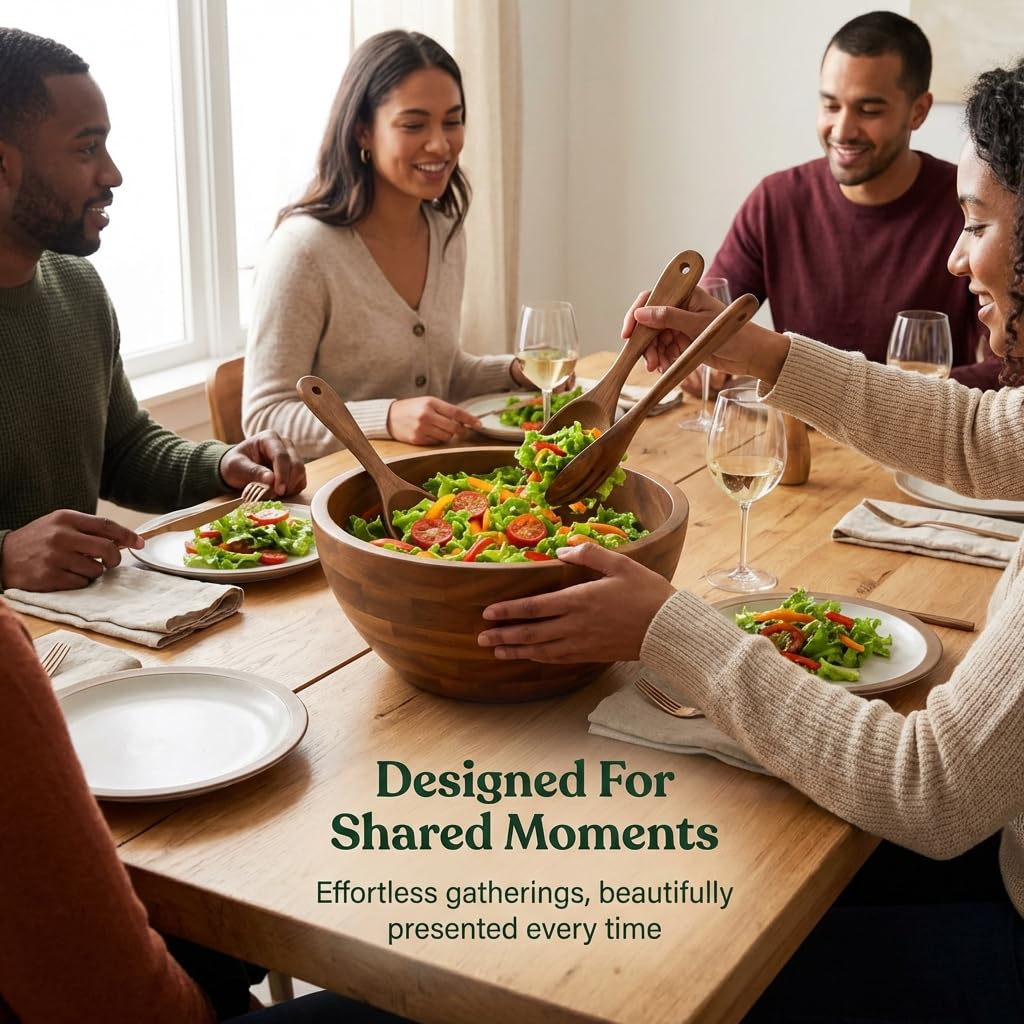 Shalin India Large Acacia Wood Salad Bowl Set with Utensils, 12.5 In