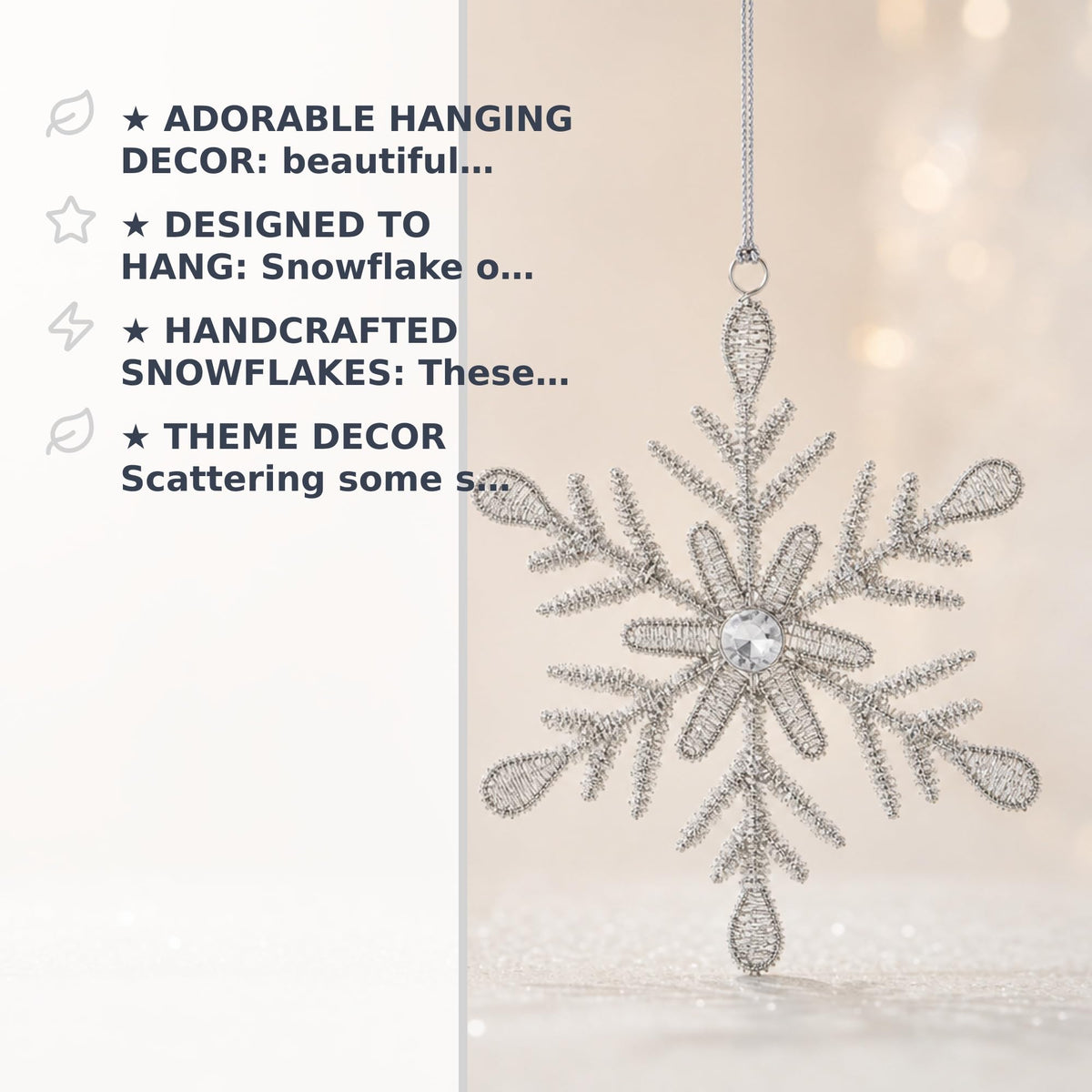 Handmade Snowflake Iron Glass Pendant Ornaments Set of 6 - Christmas Décor - Classic Snowflake (6 inch)
