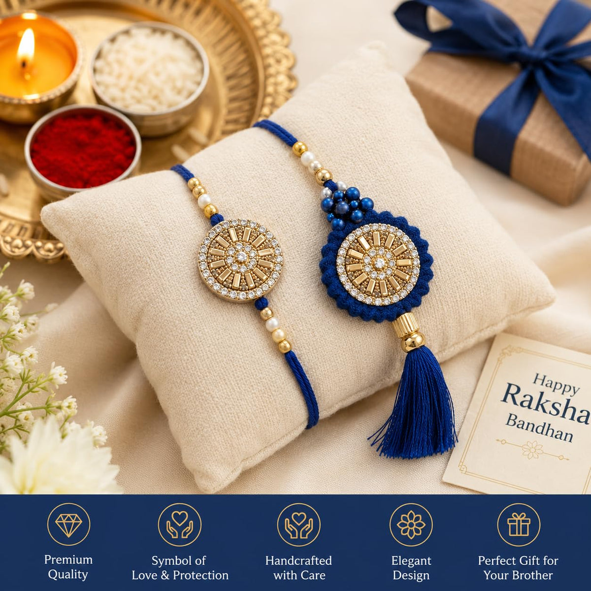Shalin India Blue Rakhi Set for Bhaiya Bhabhi - Lumba Bracelet, Raksha