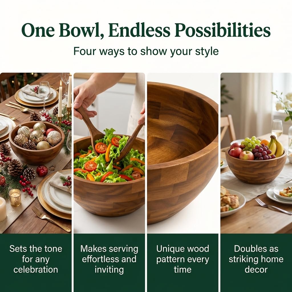 Shalin India Large Acacia Wood Salad Bowl Set with Utensils, 12.5 In