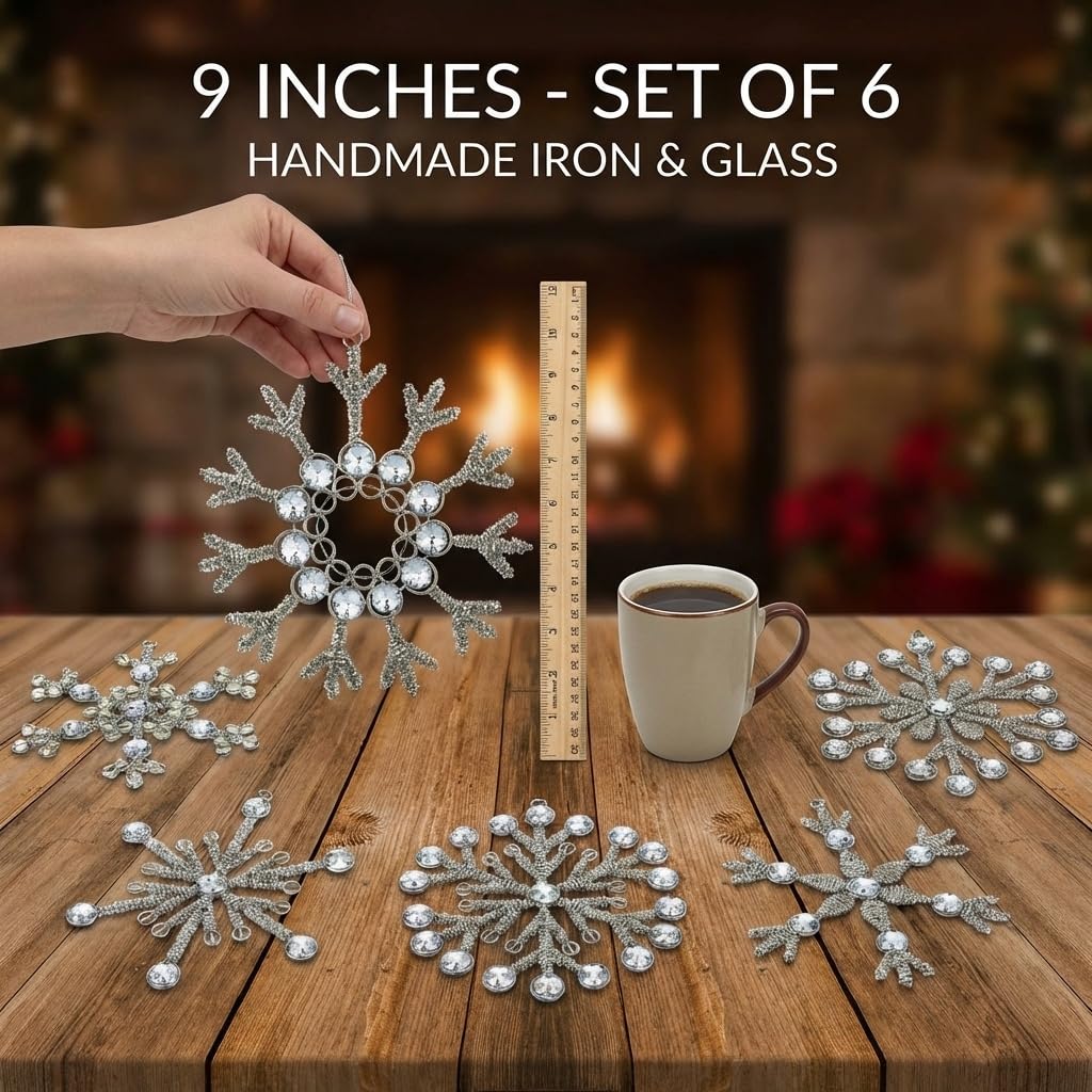 Handmade Snowflake Iron Glass Pendant Ornaments Set of 6 - Christmas D?or - Vintage Glow (9 inch)