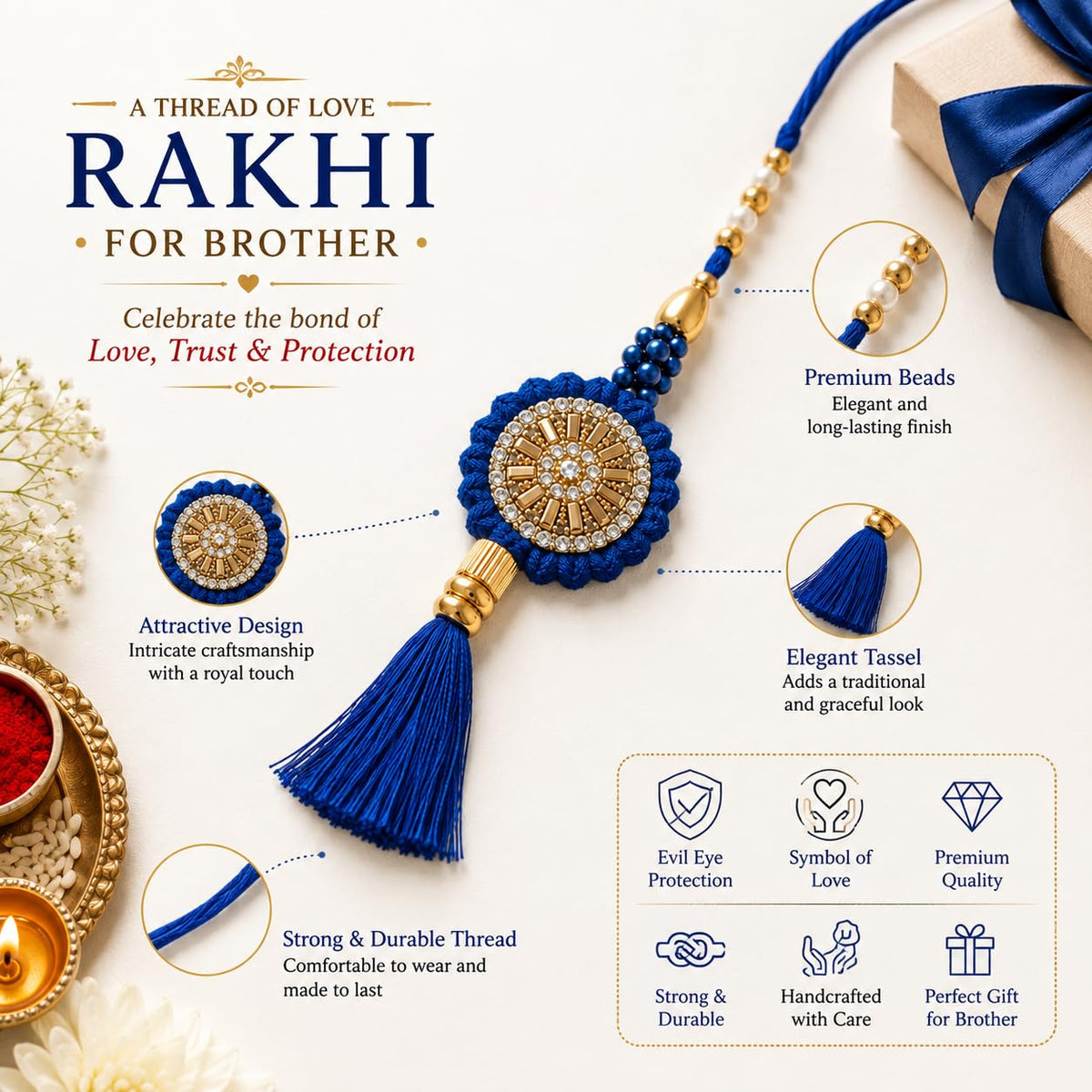 Shalin India Blue Rakhi Set for Bhaiya Bhabhi - Lumba Bracelet, Raksha
