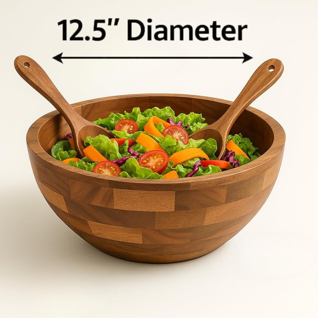 Shalin India Large Acacia Wood Salad Bowl Set with Utensils, 12.5 In
