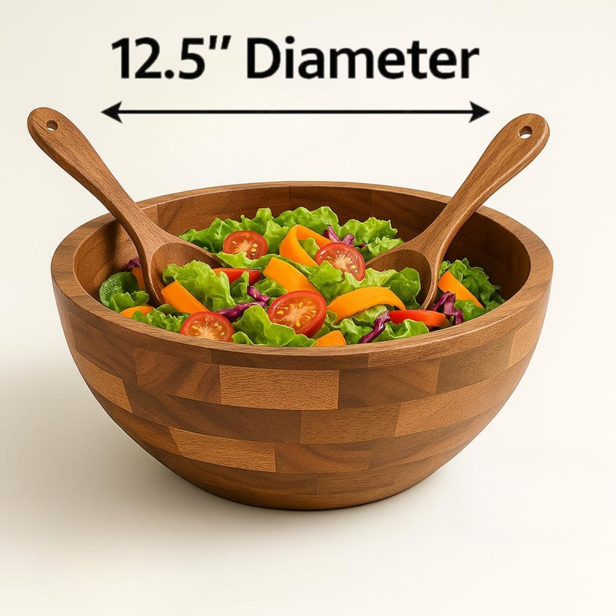 Shalin India Large Acacia Wood Salad Bowl Set with Utensils, 12.5 In