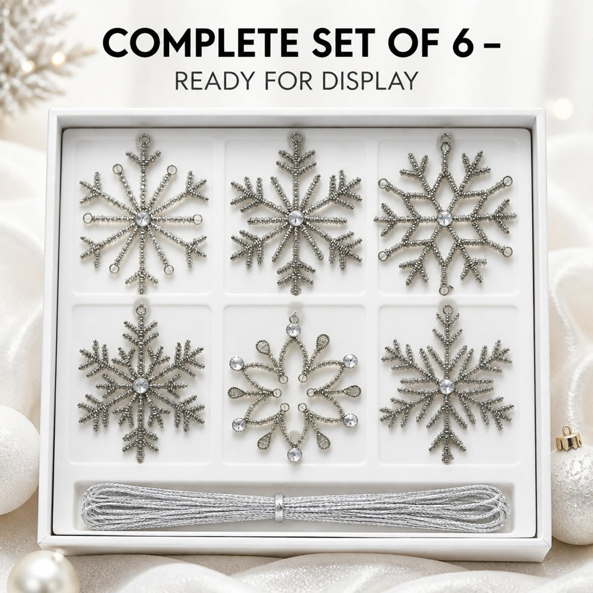 Handmade Snowflake Iron Glass Pendant Ornaments Set of 6 - Christmas Décor - Icicle Sparkle (6 inch)