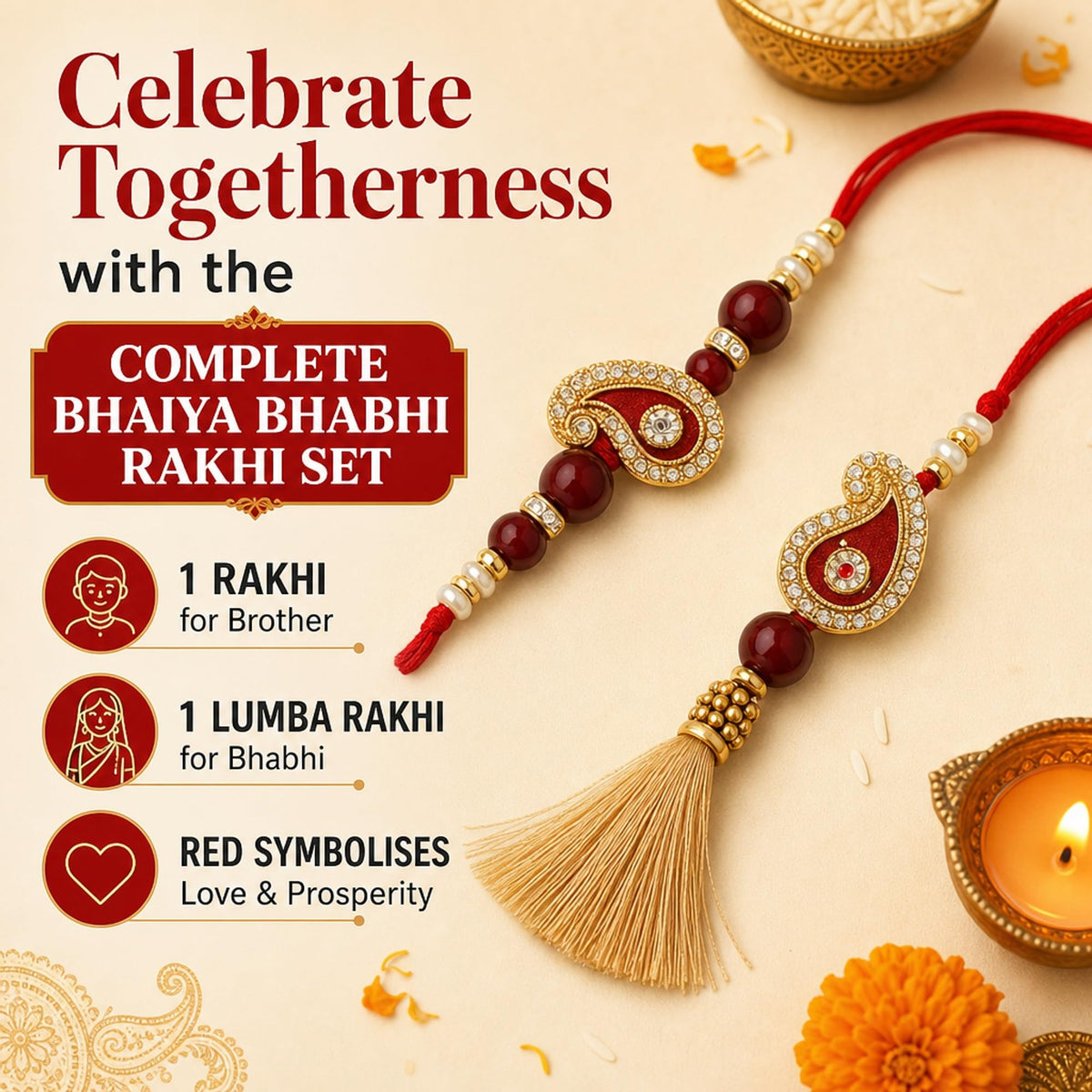 Shalin India Red Rakhi Set for Bhaiya Bhabhi - Lumba Bracelet, Raksha