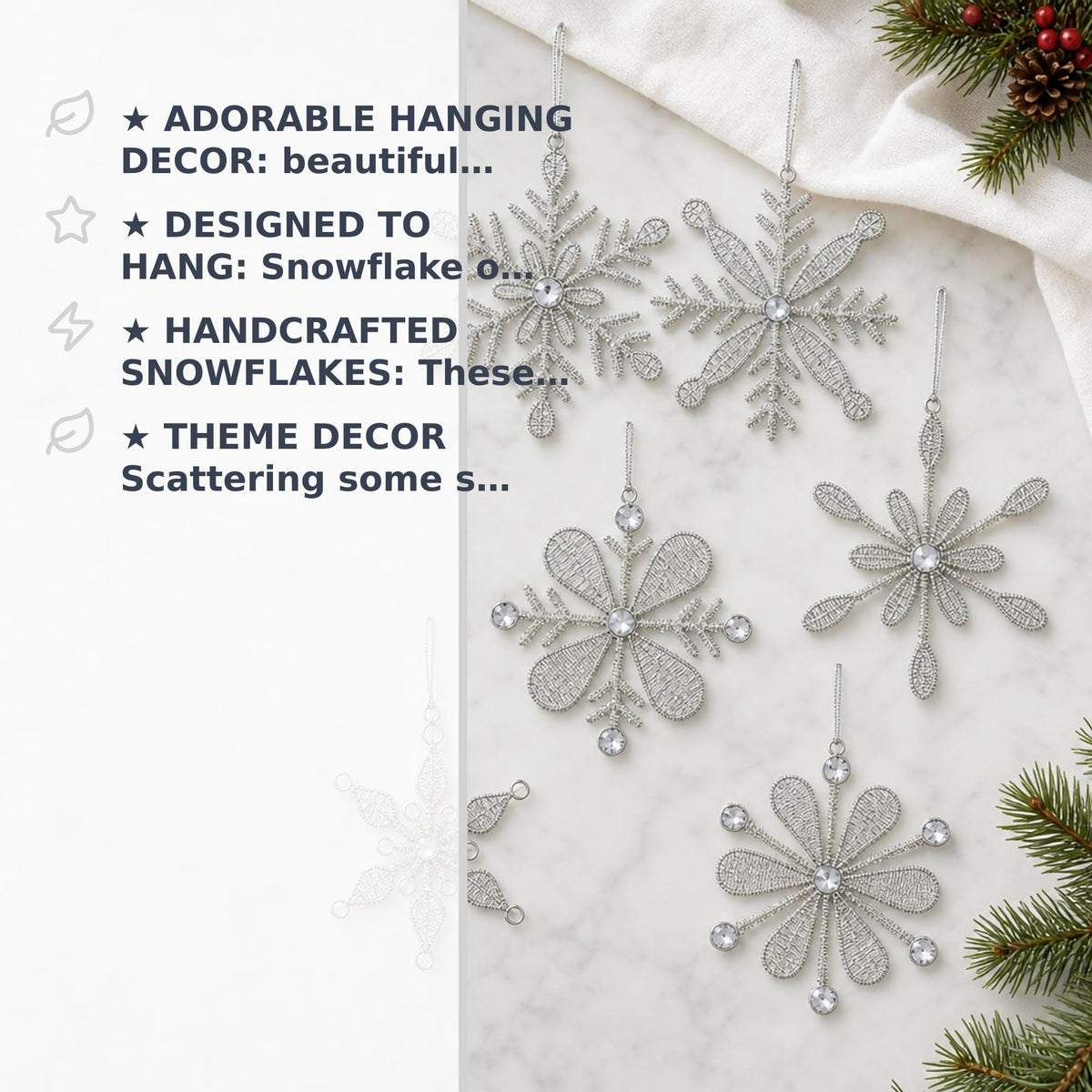 Handmade Snowflake Iron Glass Pendant Ornaments Set of 6 - Christmas Décor - Classic Snowflake (6 inch)