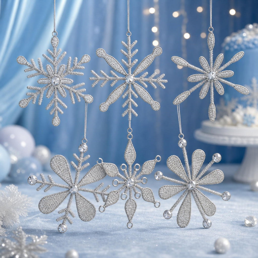 Handmade Snowflake Iron Glass Pendant Ornaments Set of 6 - Christmas Décor - Classic Snowflake (6 inch)
