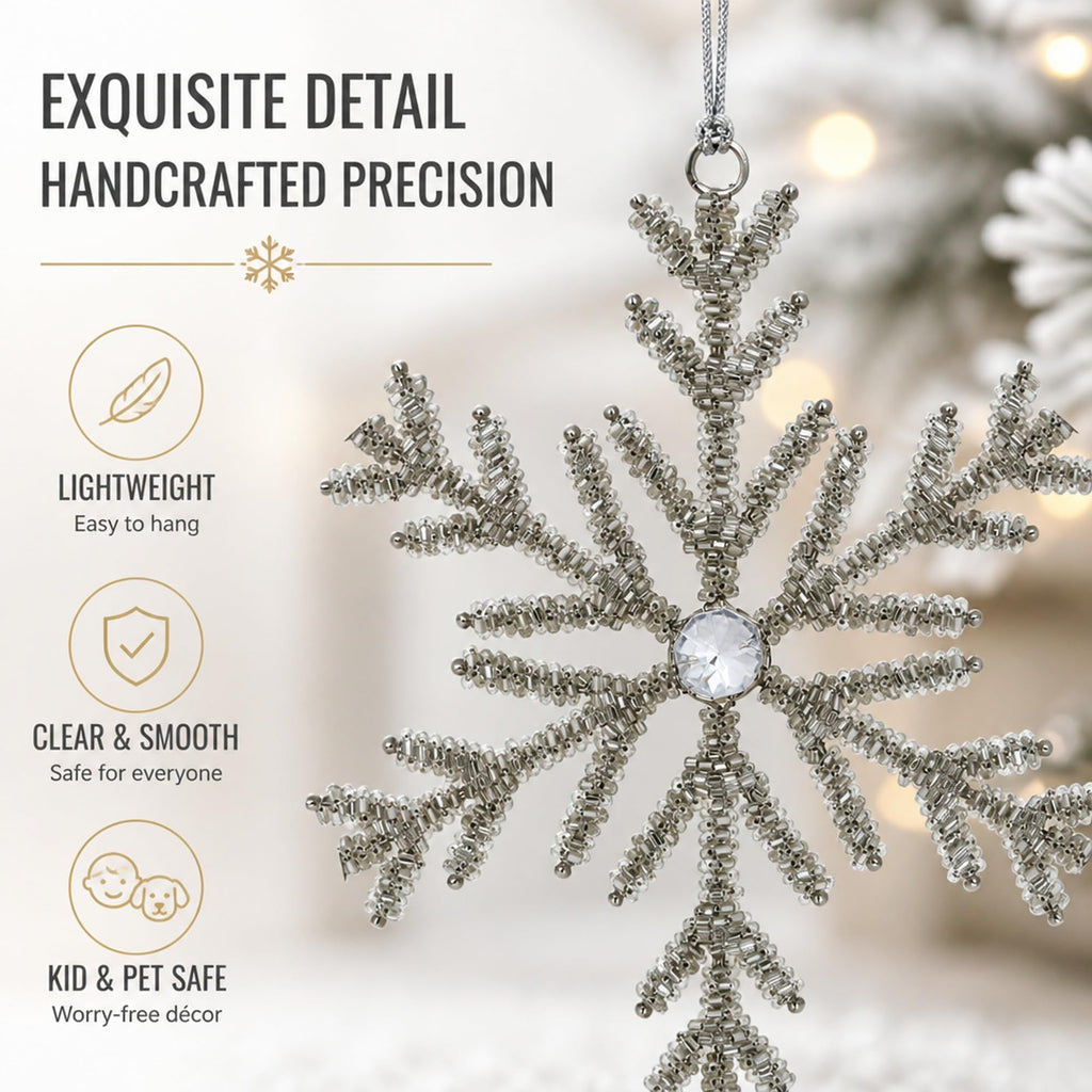 Handmade Snowflake Iron Glass Pendant Ornaments Set of 6 - Christmas Décor - Icicle Sparkle (6 inch)