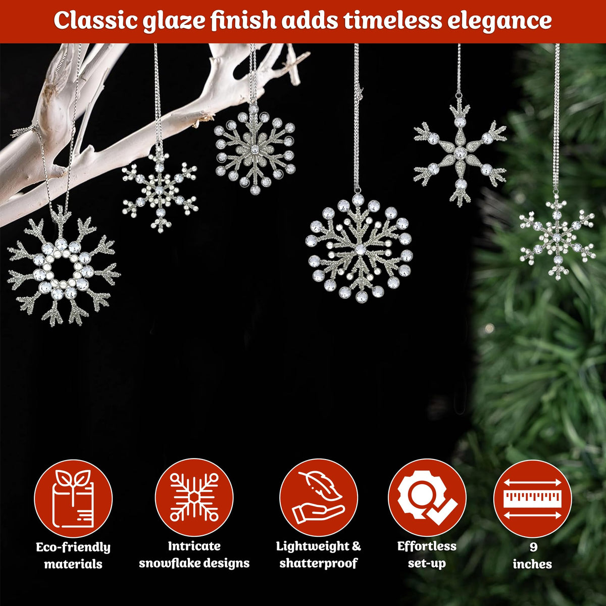 Handmade Snowflake Iron Glass Pendant Ornaments Set of 6 - Christmas D?or - Vintage Glow (9 inch)