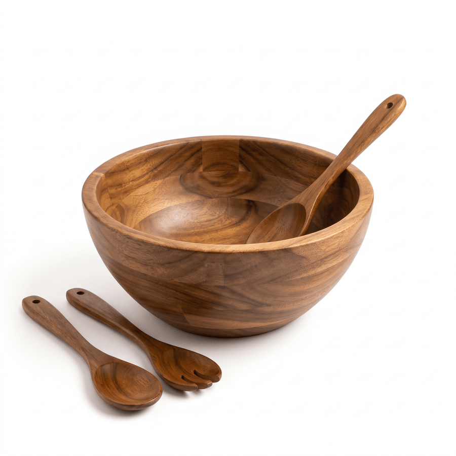 Shalin India Large Acacia Wood Salad Bowl Set with Utensils, 12.5 In