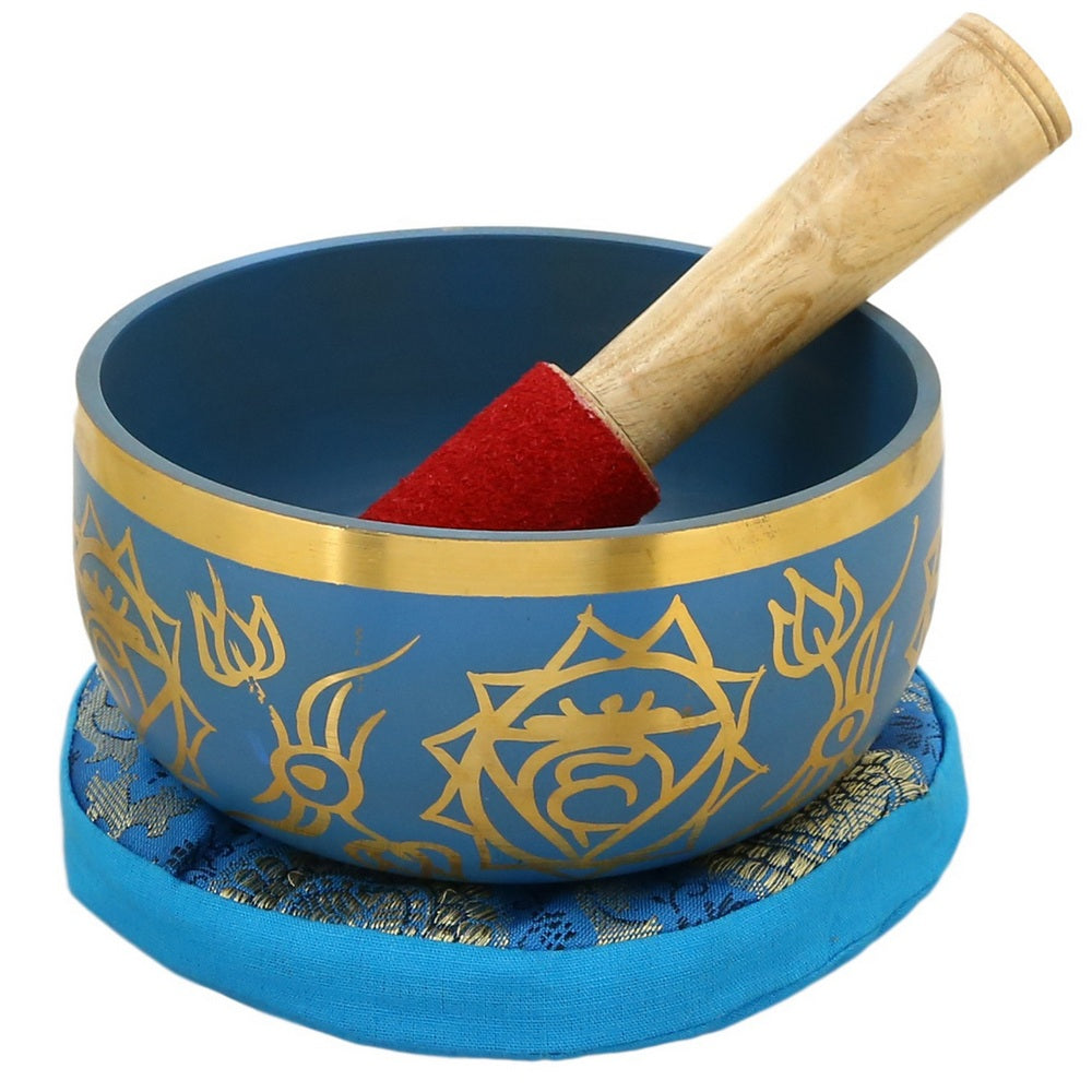 Shalinindia 5.5 Inches Hand Painted Metal Tibetan Buddhist Singing Bowl Musical Instrument for Meditation with Stick and Cushion-Blue 